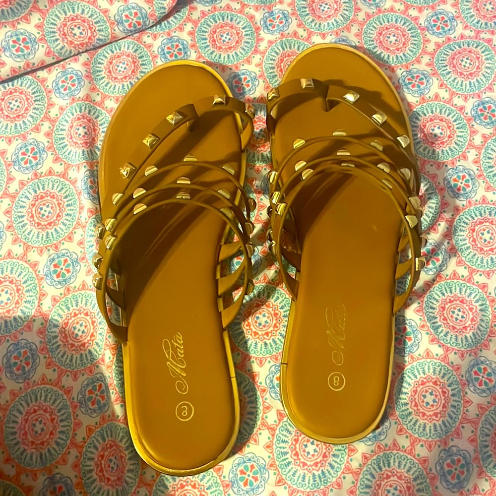 Brown sandals with gold stud trimming size 8